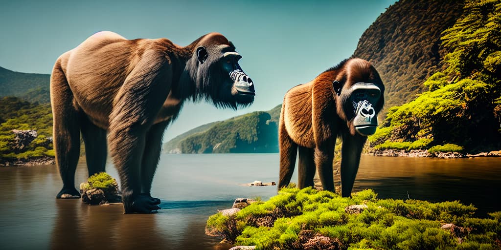  gorilla in bikini hyperrealistic, full body, detailed clothing, highly detailed, cinematic lighting, stunningly beautiful, intricate, sharp focus, f/1. 8, 85mm, (centered image composition), (professionally color graded), ((bright soft diffused light)), volumetric fog, trending on instagram, trending on tumblr, HDR 4K, 8K