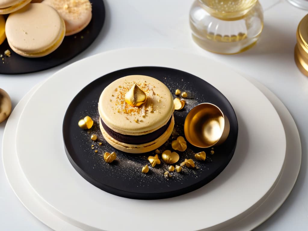  An ultradetailed closeup image of a luxurious golden macaron delicately dusted with edible gold flakes, placed on a sleek, modern black plate. The golden flakes catch the light, creating a shimmering effect that highlights the intricate texture of the macaron's surface. Each delicate crinkle and air pocket on the macaron's shell is visible, showcasing the craftsmanship and artistry that goes into creating such a decadent dessert. The contrast between the rich gold hue and the dark background enhances the elegant and minimalistic aesthetic, making it a visually striking and mouthwatering image for the readers of the article. hyperrealistic, full body, detailed clothing, highly detailed, cinematic lighting, stunningly beautiful, intricate, sharp focus, f/1. 8, 85mm, (centered image composition), (professionally color graded), ((bright soft diffused light)), volumetric fog, trending on instagram, trending on tumblr, HDR 4K, 8K