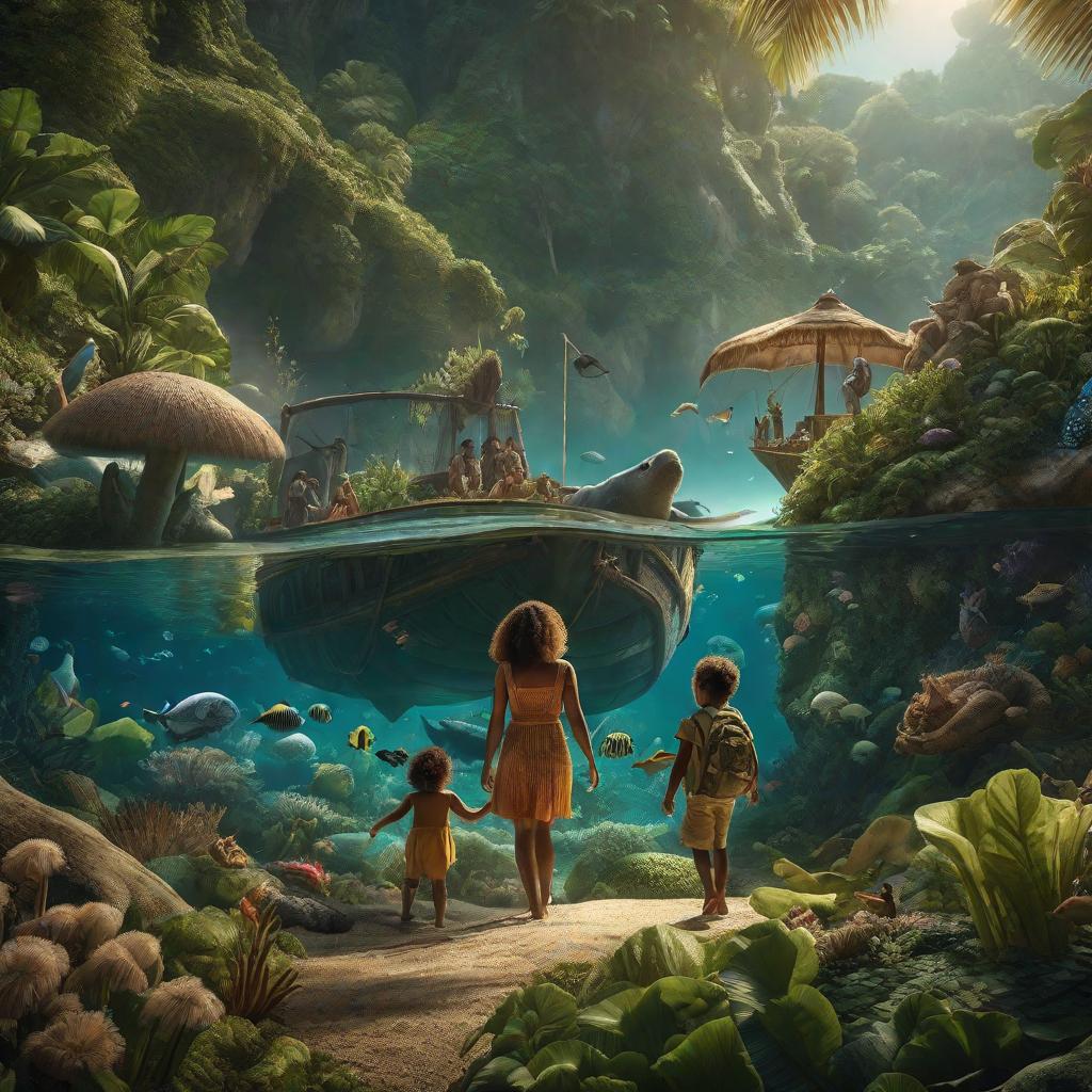  "A young child and mother arriving on an island filled with various creatures, with the intriguing hint of an underwater adventure beginning, their expressions filled with wonder and delight."((masterpiece)), best quality, very detailed, high resolution, sharp, sharp image, extremely detailed, 4k, 8k, fairytale hyperrealistic, full body, detailed clothing, highly detailed, cinematic lighting, stunningly beautiful, intricate, sharp focus, f/1. 8, 85mm, (centered image composition), (professionally color graded), ((bright soft diffused light)), volumetric fog, trending on instagram, trending on tumblr, HDR 4K, 8K