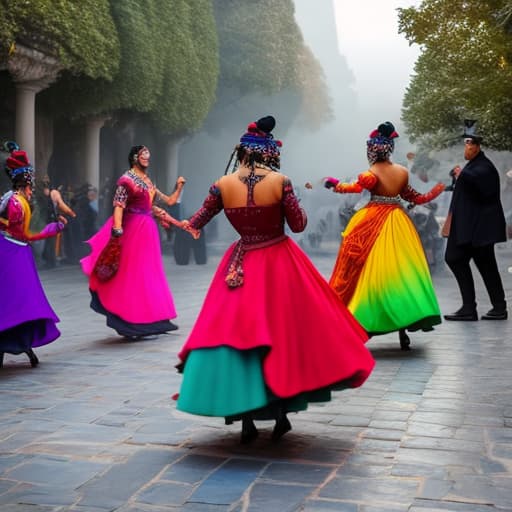  quiero una imagen donde al medio estén personas bailando su cultura y al rededor personas intercambiando monedas y q hayga comidas tradicionales y q tengan máscaras de sus culturas hyperrealistic, full body, detailed clothing, highly detailed, cinematic lighting, stunningly beautiful, intricate, sharp focus, f/1. 8, 85mm, (centered image composition), (professionally color graded), ((bright soft diffused light)), volumetric fog, trending on instagram, trending on tumblr, HDR 4K, 8K