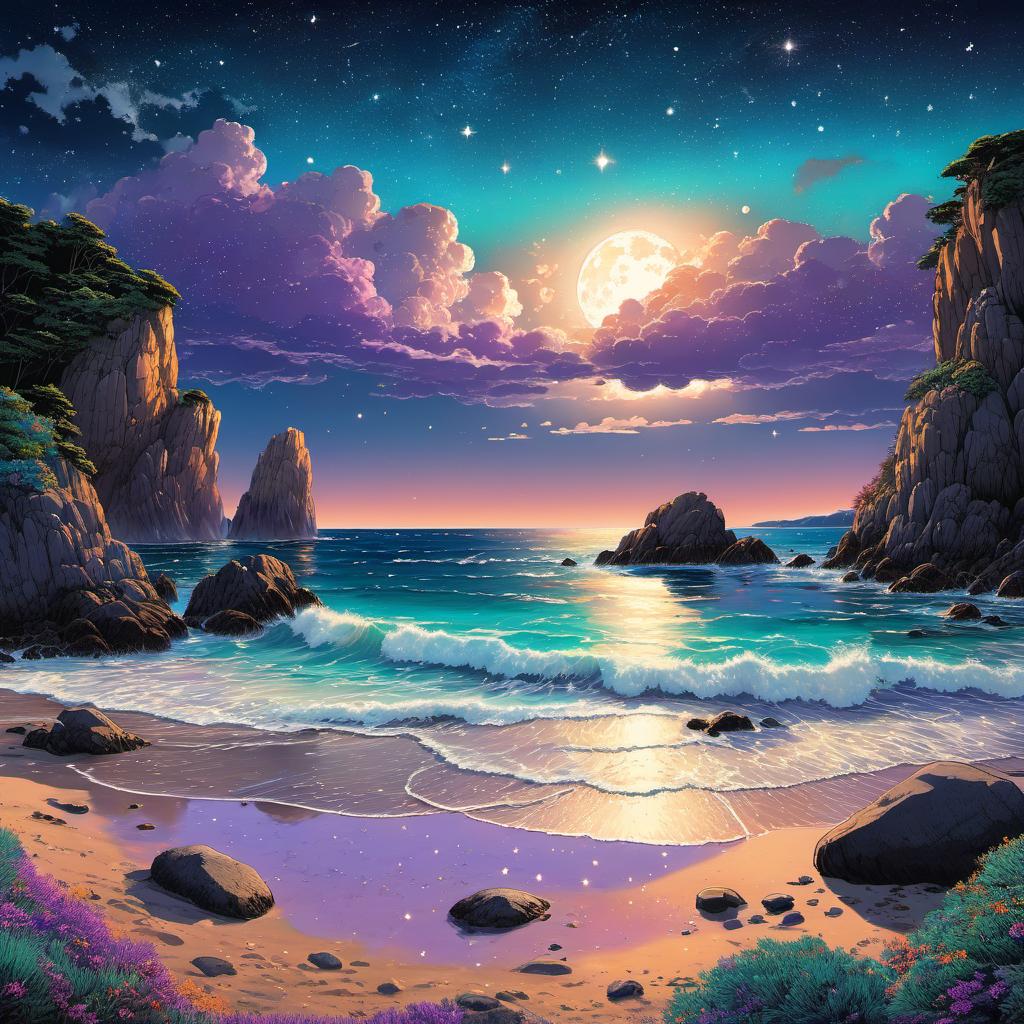  Rocky Beach, starry sky, clouds, vivid, highly detailed, by Hayao Miyazaki, hand-drawn, Midnight, whimsical, (enchanting atmosphere:1.1), warm lighting , depth of field, Wacom Cintiq, Adobe Photoshop, 300 DPI, (hdr:1.2), Lavender Shades, (teal and orange:0.3)