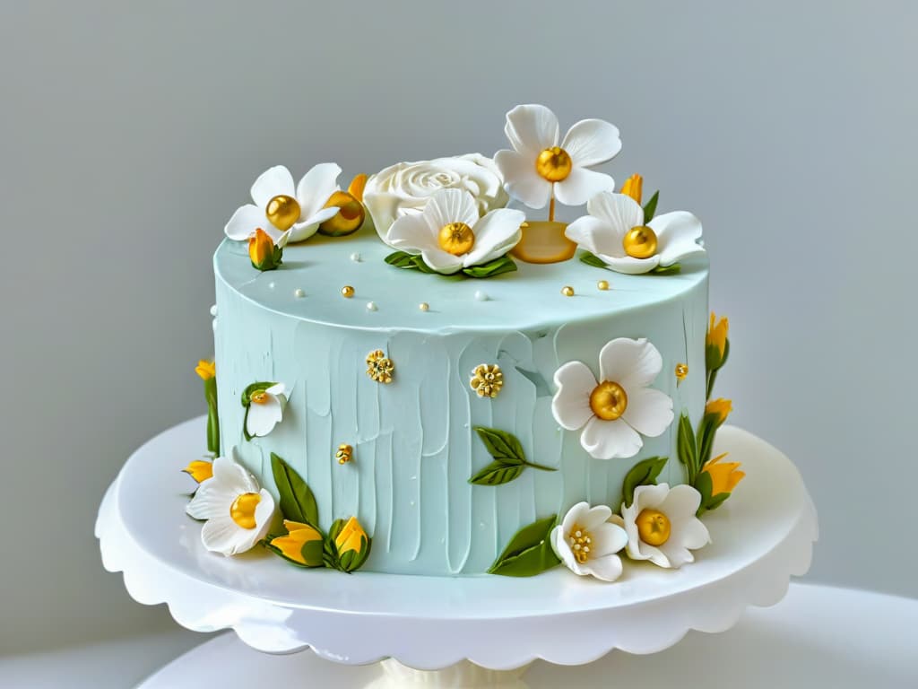  A closeup, photorealistic image of a beautifully decorated glutenfree cake with intricate details such as delicate fondant flowers, precise piping work, and shimmering edible gold accents. The cake is displayed on a pristine white cake stand, set against a softfocus background to emphasize its craftsmanship and artistry. The lighting is soft and flattering, highlighting every texture and decoration on the cake, making it appear almost too perfect to eat. hyperrealistic, full body, detailed clothing, highly detailed, cinematic lighting, stunningly beautiful, intricate, sharp focus, f/1. 8, 85mm, (centered image composition), (professionally color graded), ((bright soft diffused light)), volumetric fog, trending on instagram, trending on tumblr, HDR 4K, 8K