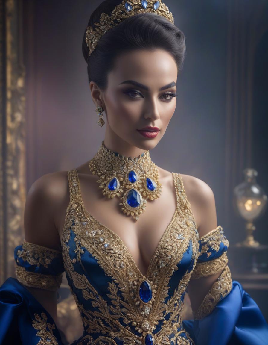  photorealism, a young rich millionaire woman in a Tom Ford dress, embroidered with gold thread and precious stones, in a necklace with blue sapphires, holds with her hand in a white, transparent glove the most expensive bottle of perfume in the world, high detail, electric colors hyperrealistic, full body, detailed clothing, highly detailed, cinematic lighting, stunningly beautiful, intricate, sharp focus, f/1. 8, 85mm, (centered image composition), (professionally color graded), ((bright soft diffused light)), volumetric fog, trending on instagram, trending on tumblr, HDR 4K, 8K