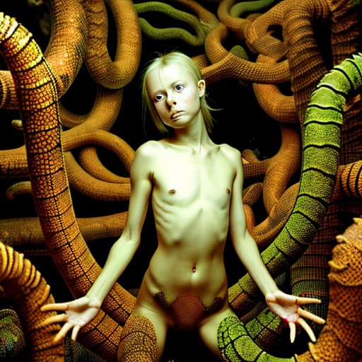  A young woman with no clothes on holding a coloured gecko and surrounded by striped rusty metal robotic fishes from a dstopian labyrinth , stable diffusion, absolute reality v1.6, perfect symmetry, photo realistic raw, in the style of jock sturges and David hamilton and hr giger, atmospheric