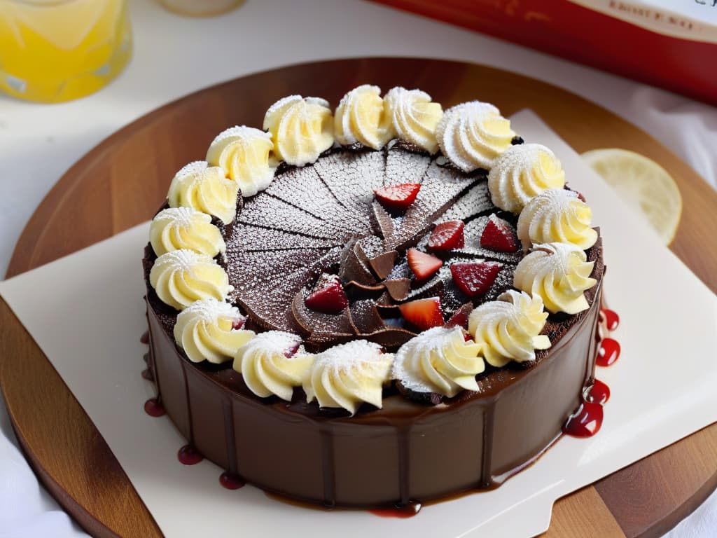  An ultradetailed closeup photograph of a freshly baked Neenish Tart, showcasing its perfectly flaky crust, smooth chocolate and vanilla icing, and a dollop of vibrant red jam in the center. The lighting is soft, highlighting the glossy finish of the icing and the rich colors of the tart. Each flake of the pastry and drip of the icing is incredibly sharp and clear, inviting the viewer to imagine the delicious flavors and textures of this iconic Australian treat. hyperrealistic, full body, detailed clothing, highly detailed, cinematic lighting, stunningly beautiful, intricate, sharp focus, f/1. 8, 85mm, (centered image composition), (professionally color graded), ((bright soft diffused light)), volumetric fog, trending on instagram, trending on tumblr, HDR 4K, 8K