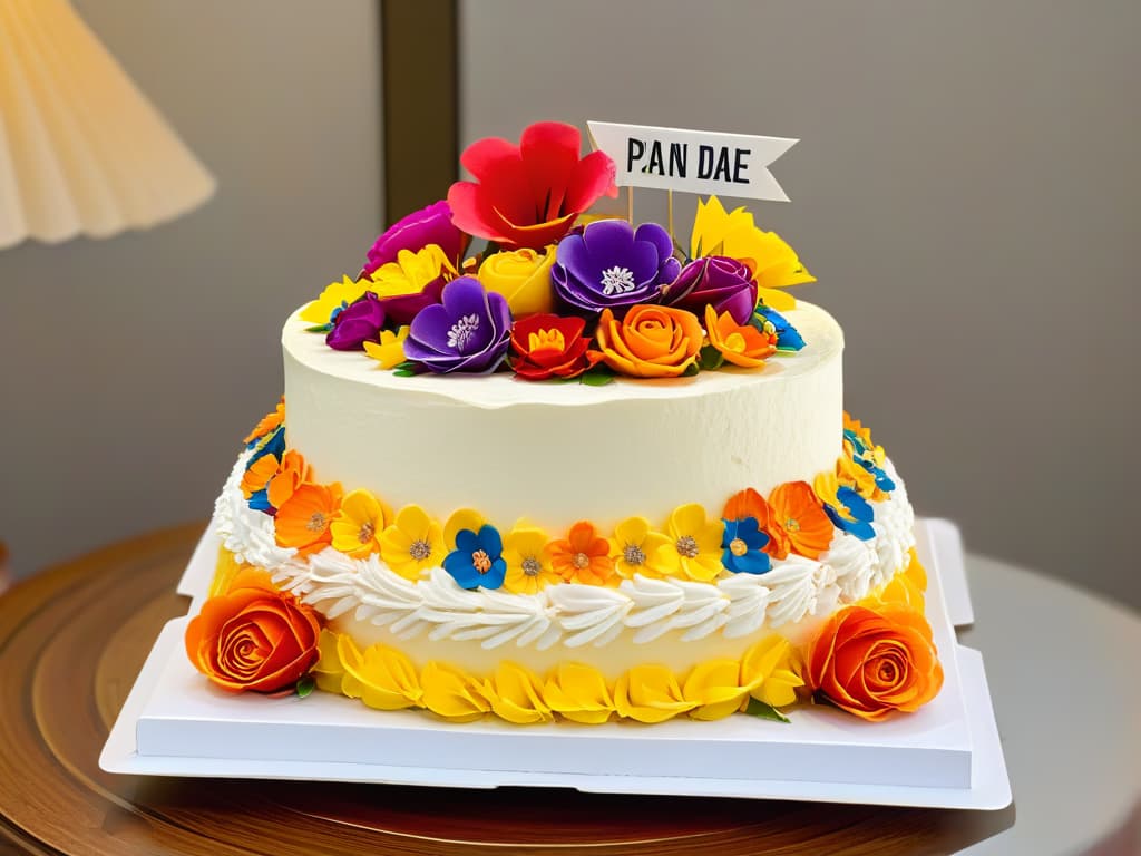  A detailed closeup image of a vibrant and intricately decorated threetiered traditional Mexican wedding cake known as "pan de rosas" adorned with colorful sugar flowers and delicate icing details, set against a backdrop of traditional papel picado banners and fresh blooms. The cake exudes elegance and cultural significance, embodying the essence of celebratory sweets in Mexican traditions. hyperrealistic, full body, detailed clothing, highly detailed, cinematic lighting, stunningly beautiful, intricate, sharp focus, f/1. 8, 85mm, (centered image composition), (professionally color graded), ((bright soft diffused light)), volumetric fog, trending on instagram, trending on tumblr, HDR 4K, 8K