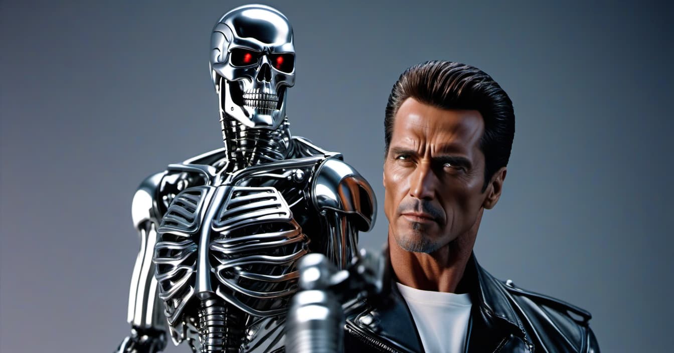  The Terminator T f00. Silver skeleton. Stands next to the Terminator T 1000 of liquid metal. hyperrealistic, full body, detailed clothing, highly detailed, cinematic lighting, stunningly beautiful, intricate, sharp focus, f/1. 8, 85mm, (centered image composition), (professionally color graded), ((bright soft diffused light)), volumetric fog, trending on instagram, trending on tumblr, HDR 4K, 8K