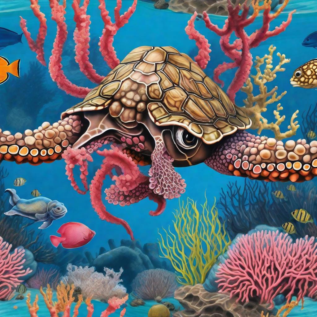  masterpiece, best quality, realism tattoo of a coral reef with a octopus in it and a puffer fish and turtle swimming above with blue background and pink corals