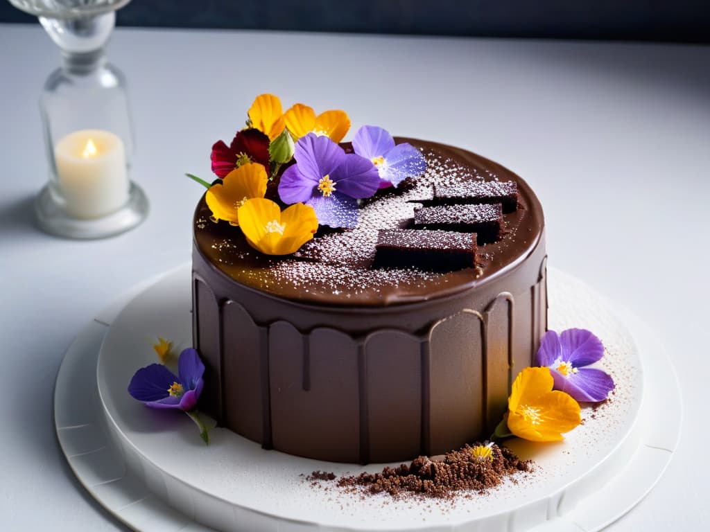  A highresolution image of a beautifully plated amaranth chocolate cake, topped with edible flowers and a dusting of cocoa powder, set on a sleek, modern white plate against a dark background. The cake is sliced to reveal its rich, moist texture, showcasing layers of decadent chocolate ganache and fluffy amaranth sponge. The image captures the luxurious and indulgent nature of incorporating amaranth into desserts, enticing the viewer with its elegant presentation and delicious appearance. hyperrealistic, full body, detailed clothing, highly detailed, cinematic lighting, stunningly beautiful, intricate, sharp focus, f/1. 8, 85mm, (centered image composition), (professionally color graded), ((bright soft diffused light)), volumetric fog, trending on instagram, trending on tumblr, HDR 4K, 8K