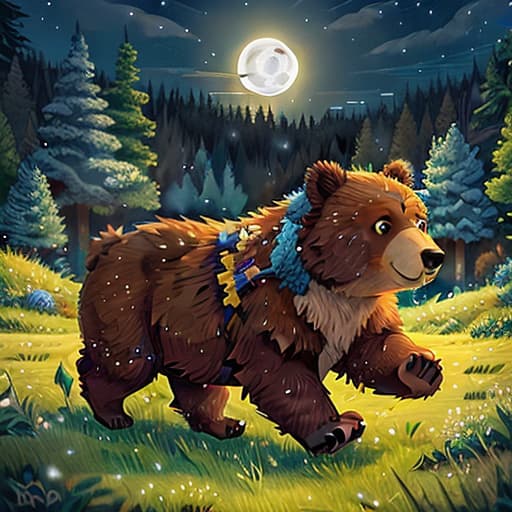  a bear is running through the field, grass, trees. night sky with moonlight