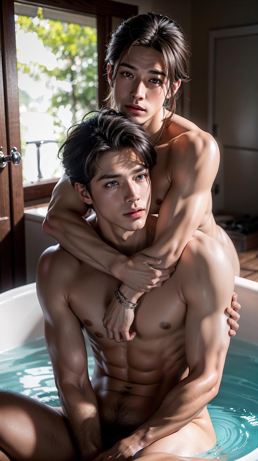  Best quality, masterpiece, ultra high res, (photorealistic:1.4), raw photo, (realistic skin), Two twink cute males In open air Sitting in tub One boy is white cute boy ,, blue eyes, hair center parted hair ,hair length above shoulders, Slender skinny no muscle tone, The other boy is ,big eyed,dark hair,pony tail hairstyle, hair length above shoulders,pony tail is large In tub open air Two boys couple hug from Behind ing sick, deep shadow, dramatic lighting