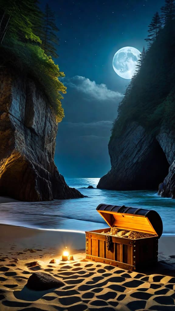  (A moonlit cove nestled between towering cliffs and dense forests. On the sandy beach, a treasure chest lies partially unearthed as a man kneels beside it, his shovel having just struck the wooden surface. Ancient artifacts, including carved bones, silver amulets, and weathered scrolls, spill out from the opened chest, illuminated by the soft glow of the full moon overhead.) hyperrealistic, full body, detailed clothing, highly detailed, cinematic lighting, stunningly beautiful, intricate, sharp focus, f/1. 8, 85mm, (centered image composition), (professionally color graded), ((bright soft diffused light)), volumetric fog, trending on instagram, trending on tumblr, HDR 4K, 8K