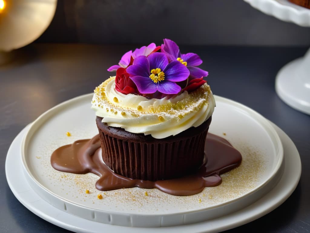  A photorealistic image of a decadent vegan chocolate cupcake with smooth, glossy ganache frosting, topped with delicate edible flowers and a sprinkle of edible gold dust. The cupcake sits on a pristine white porcelain plate, set against a dark, dramatic background to highlight its exquisite details and perfect frosting. The lighting is soft yet focused, enhancing the richness and texture of the frosting, making it look irresistibly indulgent and perfect for any vegan dessert lover. hyperrealistic, full body, detailed clothing, highly detailed, cinematic lighting, stunningly beautiful, intricate, sharp focus, f/1. 8, 85mm, (centered image composition), (professionally color graded), ((bright soft diffused light)), volumetric fog, trending on instagram, trending on tumblr, HDR 4K, 8K