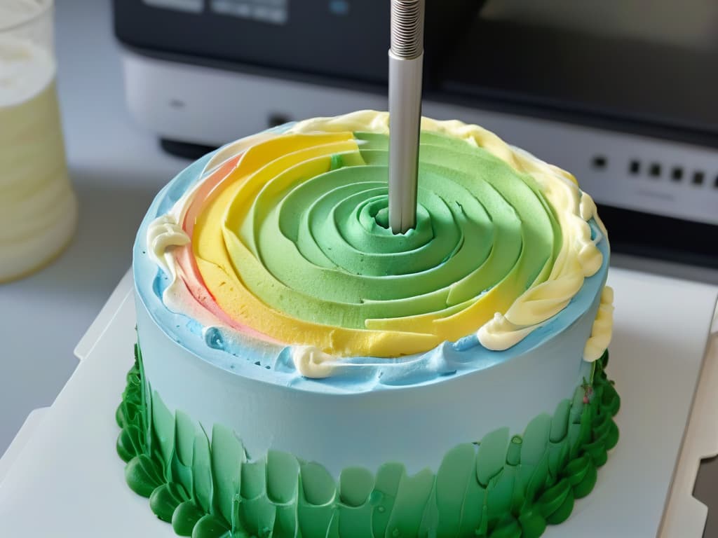  A closeup, ultradetailed image of a 3D printer nozzle delicately laying down intricate swirls of colorful frosting on a freshly baked cake. The nozzle is precise and clean, showcasing the advanced technology used in decorating cakes with 3D printers. The colors are vibrant, and the texture of the frosting is visible, highlighting the artistry and precision involved in this innovative cake decoration technique. hyperrealistic, full body, detailed clothing, highly detailed, cinematic lighting, stunningly beautiful, intricate, sharp focus, f/1. 8, 85mm, (centered image composition), (professionally color graded), ((bright soft diffused light)), volumetric fog, trending on instagram, trending on tumblr, HDR 4K, 8K