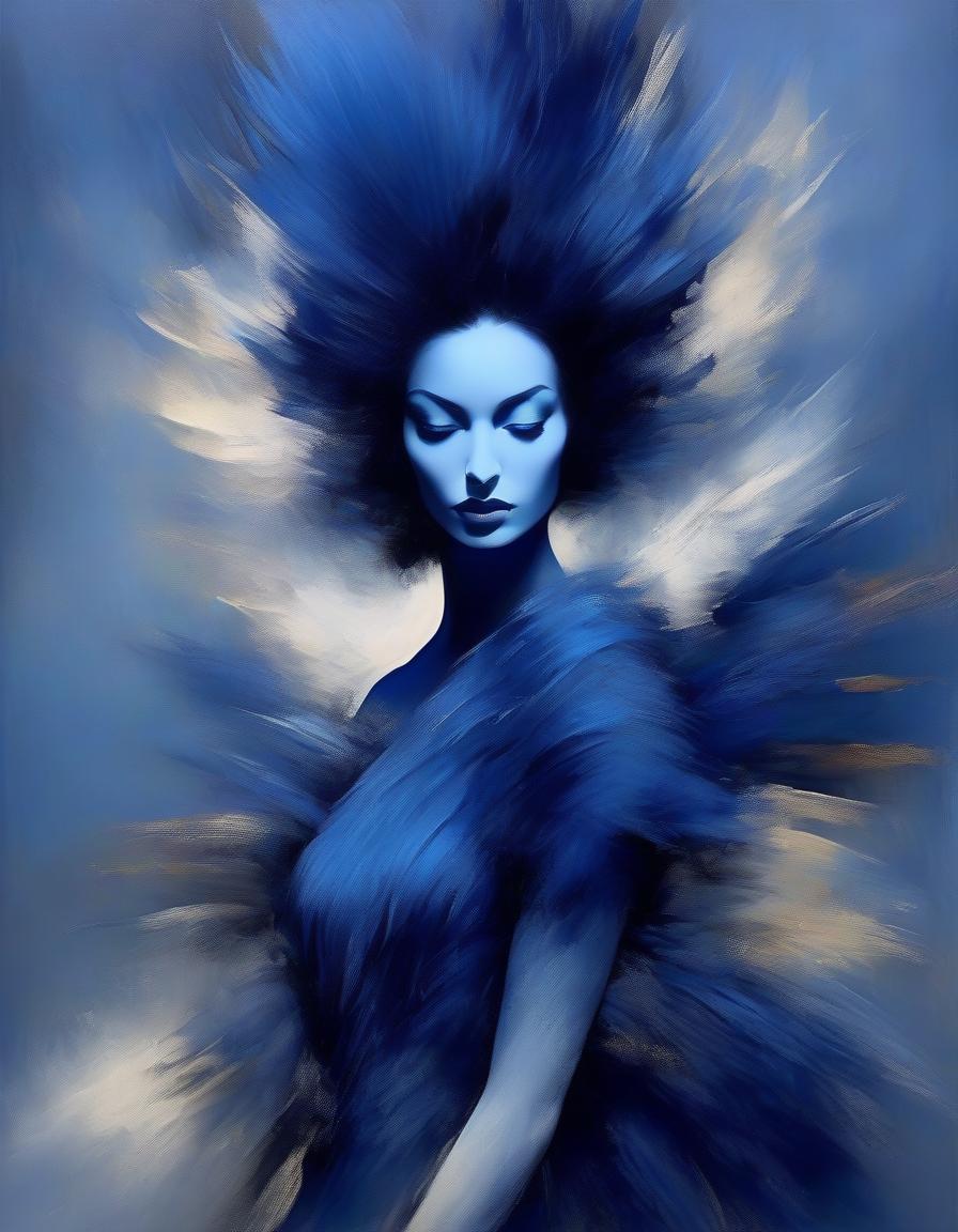  abstract expressionist painting Portrait of a beautiful girl in a dark blue velvet Lorrain dress, on beautiful hair adorned with soft feathers of dark blue colour . energetic brushwork, bold colors, abstract forms, expressive, emotional hyperrealistic, full body, detailed clothing, highly detailed, cinematic lighting, stunningly beautiful, intricate, sharp focus, f/1. 8, 85mm, (centered image composition), (professionally color graded), ((bright soft diffused light)), volumetric fog, trending on instagram, trending on tumblr, HDR 4K, 8K