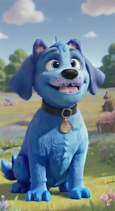  {A happy, big blue dog wagging its tail in a colorful meadow, The big blue dog is large with sky blue fur, big round eyes, a black nose, and floppy ears.