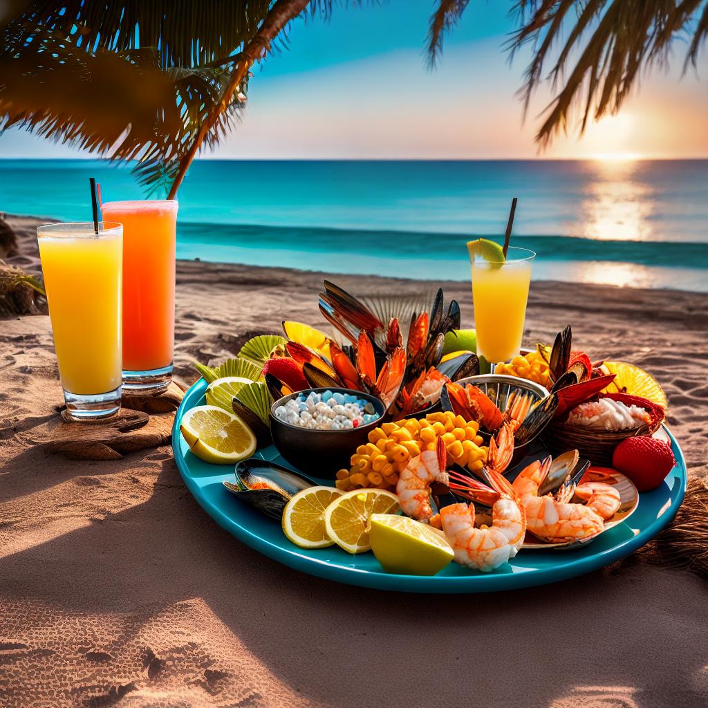  A tropical scene with food. ((A deliciously vibrant fruit platter))), (((a mouth-watering seafood feast))), and (((exotic cocktails))) served on a beachside table. The masterpiece captures the ((best quality)), 8k, high detailed, and ultra-detailed composition of the scene. The colors are vivid and tropical, with lush green palm trees and turquoise blue waters in the background. The lighting showcases the golden sunset, casting a warm glow on the whole scene. This artwork would be perfect for a beach-themed restaurant or a travel magazine cover. hyperrealistic, full body, detailed clothing, highly detailed, cinematic lighting, stunningly beautiful, intricate, sharp focus, f/1. 8, 85mm, (centered image composition), (professionally color graded), ((bright soft diffused light)), volumetric fog, trending on instagram, trending on tumblr, HDR 4K, 8K