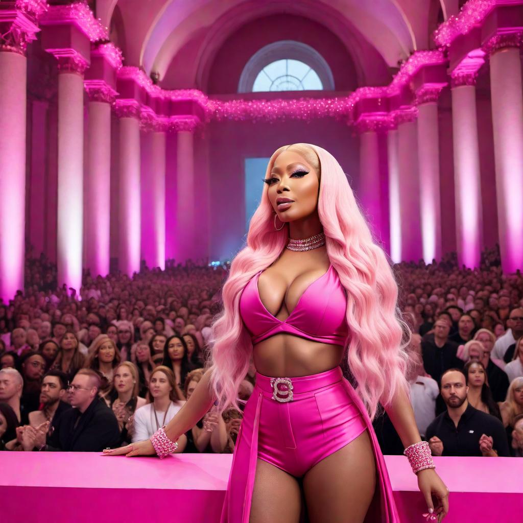  Nicki Minaj on a grand stage, speaking into a microphone to thousands of people, in a large, vibrant pink building. The crowd is enthusiastic and the background shows elaborate decorations and pink architectural details. hyperrealistic, full body, detailed clothing, highly detailed, cinematic lighting, stunningly beautiful, intricate, sharp focus, f/1. 8, 85mm, (centered image composition), (professionally color graded), ((bright soft diffused light)), volumetric fog, trending on instagram, trending on tumblr, HDR 4K, 8K