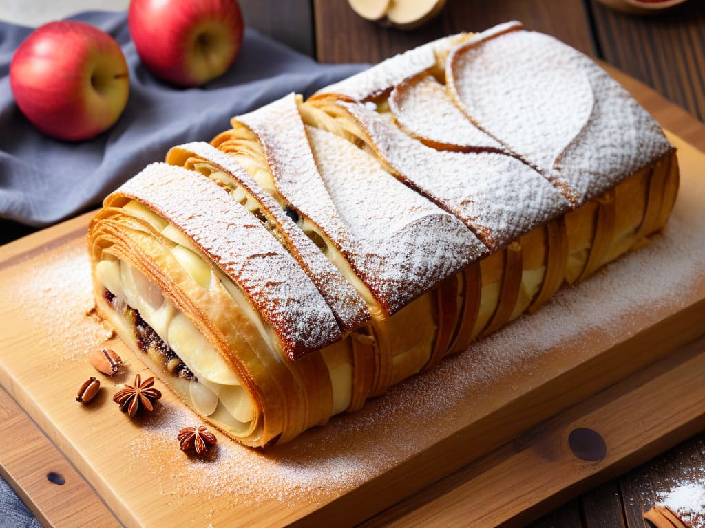  An ultradetailed image of a freshly baked apple strudel, goldenbrown and crispy on the outside, with layers of thin, flaky pastry wrapped around a generous filling of spiced apples, raisins, and cinnamon. The strudel is dusted with a light sprinkling of powdered sugar and served on a rustic wooden board, surrounded by scattered cinnamon sticks and whole apples, evoking a warm and inviting atmosphere perfect for a cozy Austrian culinary adventure. hyperrealistic, full body, detailed clothing, highly detailed, cinematic lighting, stunningly beautiful, intricate, sharp focus, f/1. 8, 85mm, (centered image composition), (professionally color graded), ((bright soft diffused light)), volumetric fog, trending on instagram, trending on tumblr, HDR 4K, 8K