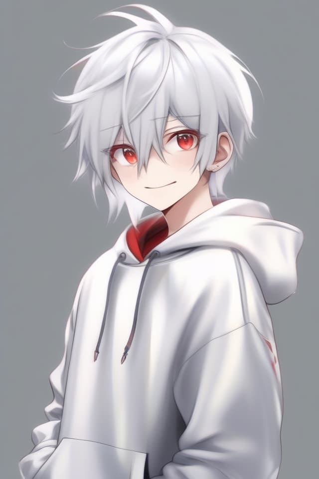  (Silver hair, red eyes color) (Smile) (Gentle illustration style) High Quality, Best, Contrast ,, 16yrs, Male, UPER BODY ONLY, Silver. , Red EYE COLOR), 8k, 16k, in Hoodie