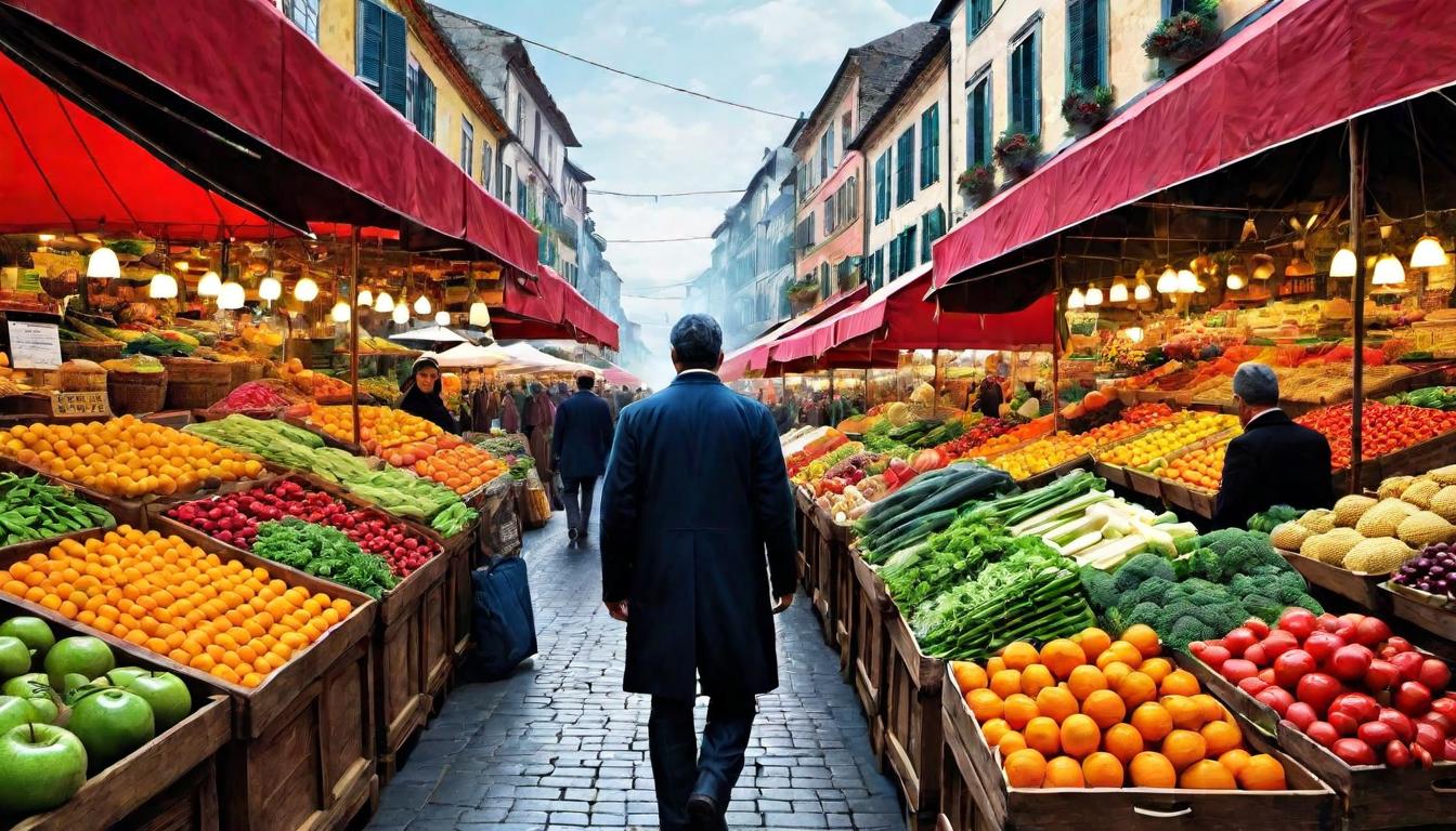  （surrealism)A person walking through a bustling marketplace, vibrant fruits and vegetables displayed, people engaging in daily activities, person exuding confidence and purpose, lively, energetic, everyday triumphs mystic, intricate details, best quality)