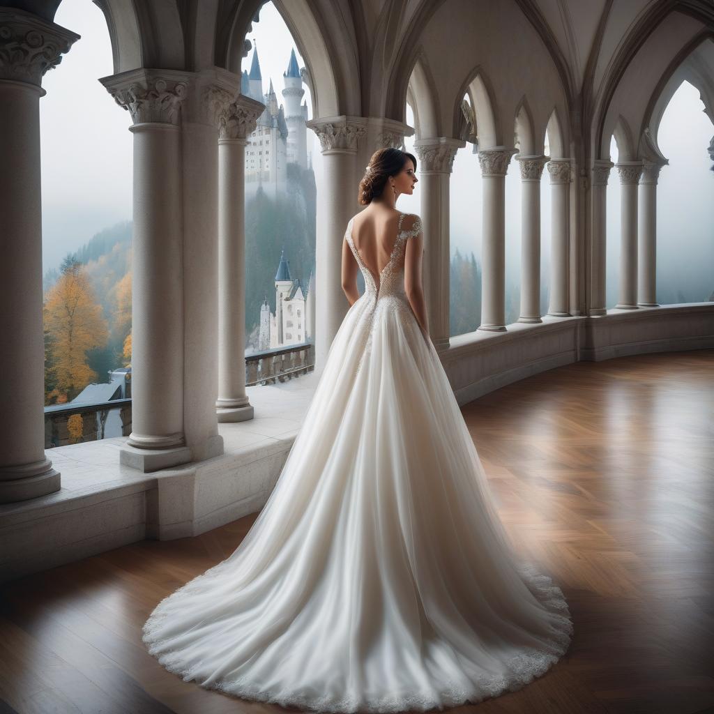  Neuschwanstein. A girl in a wedding dress from the back. hyperrealistic, full body, detailed clothing, highly detailed, cinematic lighting, stunningly beautiful, intricate, sharp focus, f/1. 8, 85mm, (centered image composition), (professionally color graded), ((bright soft diffused light)), volumetric fog, trending on instagram, trending on tumblr, HDR 4K, 8K