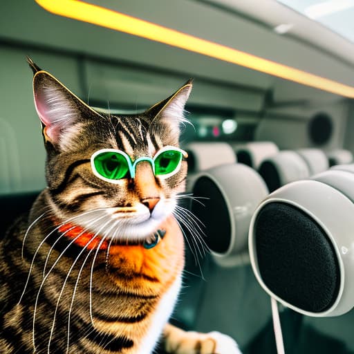 nvinkpunk Realistic image of a cat wearing headphones and reading glasses while riding a bus. hyperrealistic, full body, detailed clothing, highly detailed, cinematic lighting, stunningly beautiful, intricate, sharp focus, f/1. 8, 85mm, (centered image composition), (professionally color graded), ((bright soft diffused light)), volumetric fog, trending on instagram, trending on tumblr, HDR 4K, 8K