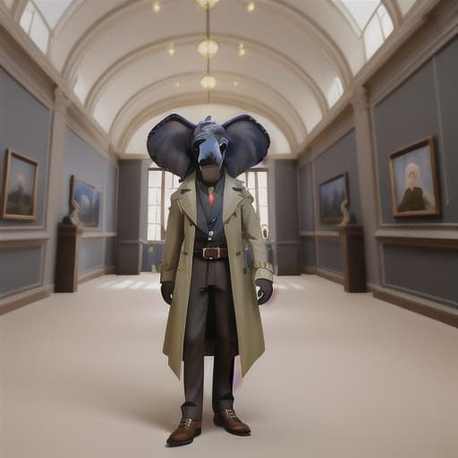  ultrarealistic very detailled photo of elefant wearing a trench coat in a museum