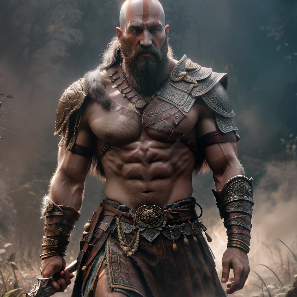  God of war hyperrealistic, full body, detailed clothing, highly detailed, cinematic lighting, stunningly beautiful, intricate, sharp focus, f/1. 8, 85mm, (centered image composition), (professionally color graded), ((bright soft diffused light)), volumetric fog, trending on instagram, trending on tumblr, HDR 4K, 8K