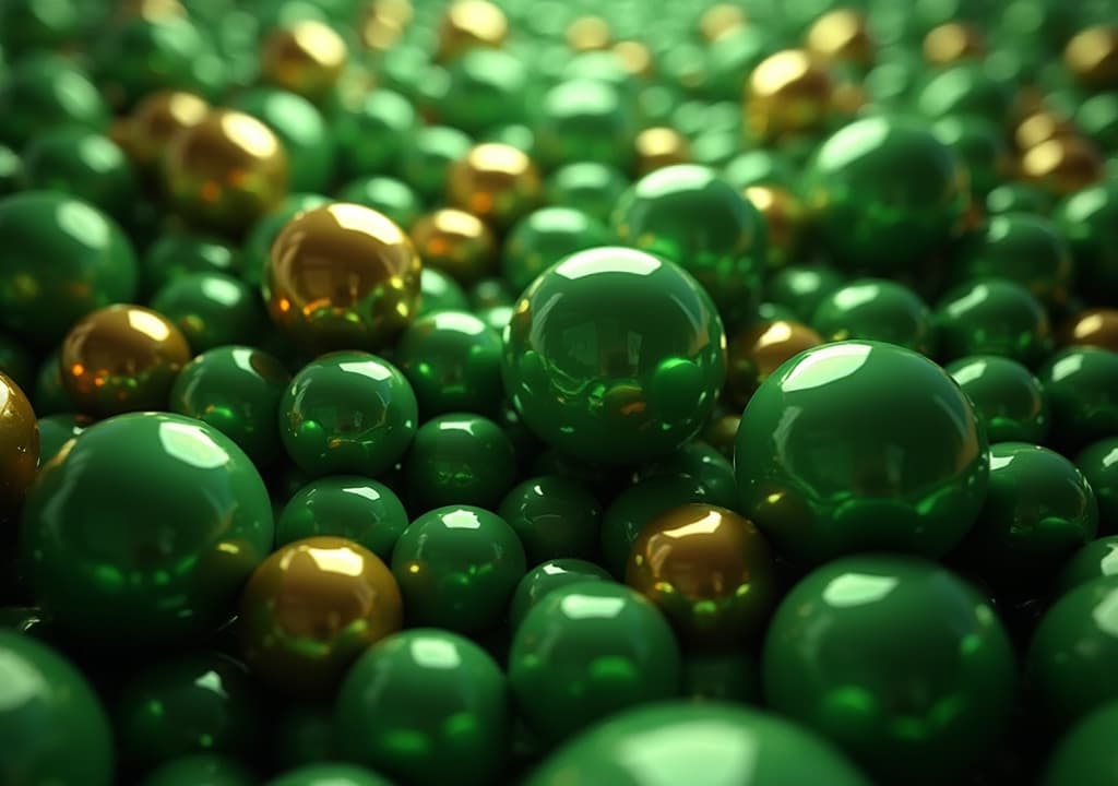  good quality, high quality, dynamic abstract composition featuring green and gold spheres with reflective surfaces, creating a visually striking and futuristic design. perfect for modern art and tech themed projects.