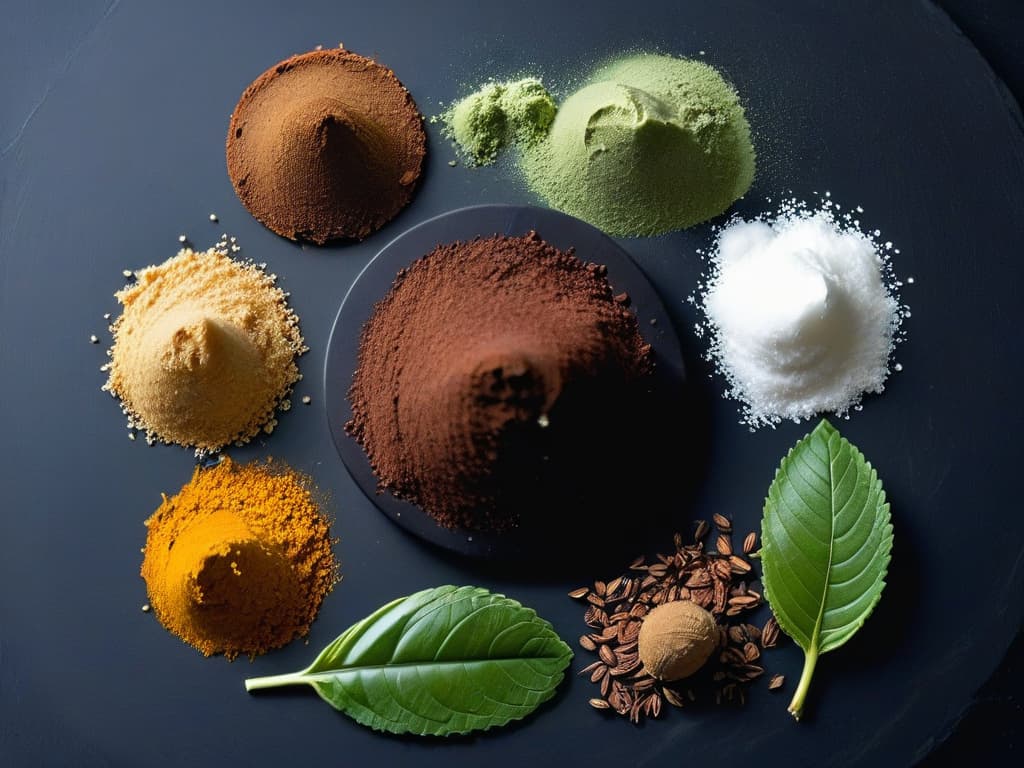  A closeup, ultradetailed image of a perfectly arranged selection of natural sweeteners for lowcalorie baking, including stevia leaves, monk fruit, erythritol crystals, and coconut sugar, all placed on a sleek, matte black surface with soft natural lighting enhancing the textures and colors of the ingredients. hyperrealistic, full body, detailed clothing, highly detailed, cinematic lighting, stunningly beautiful, intricate, sharp focus, f/1. 8, 85mm, (centered image composition), (professionally color graded), ((bright soft diffused light)), volumetric fog, trending on instagram, trending on tumblr, HDR 4K, 8K