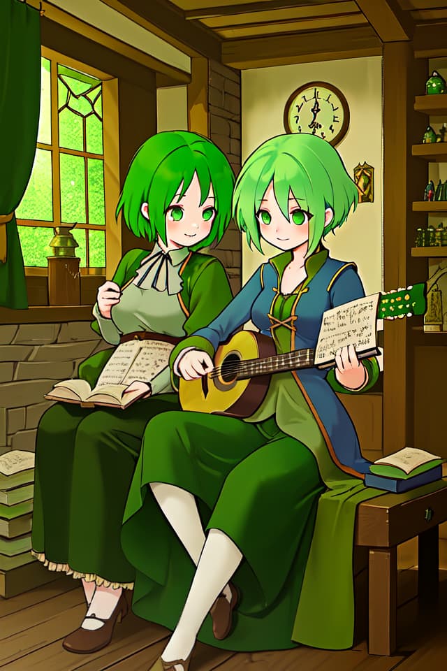  Green hair character comfortable medieval music, fantasy bard, tavern atmosphere