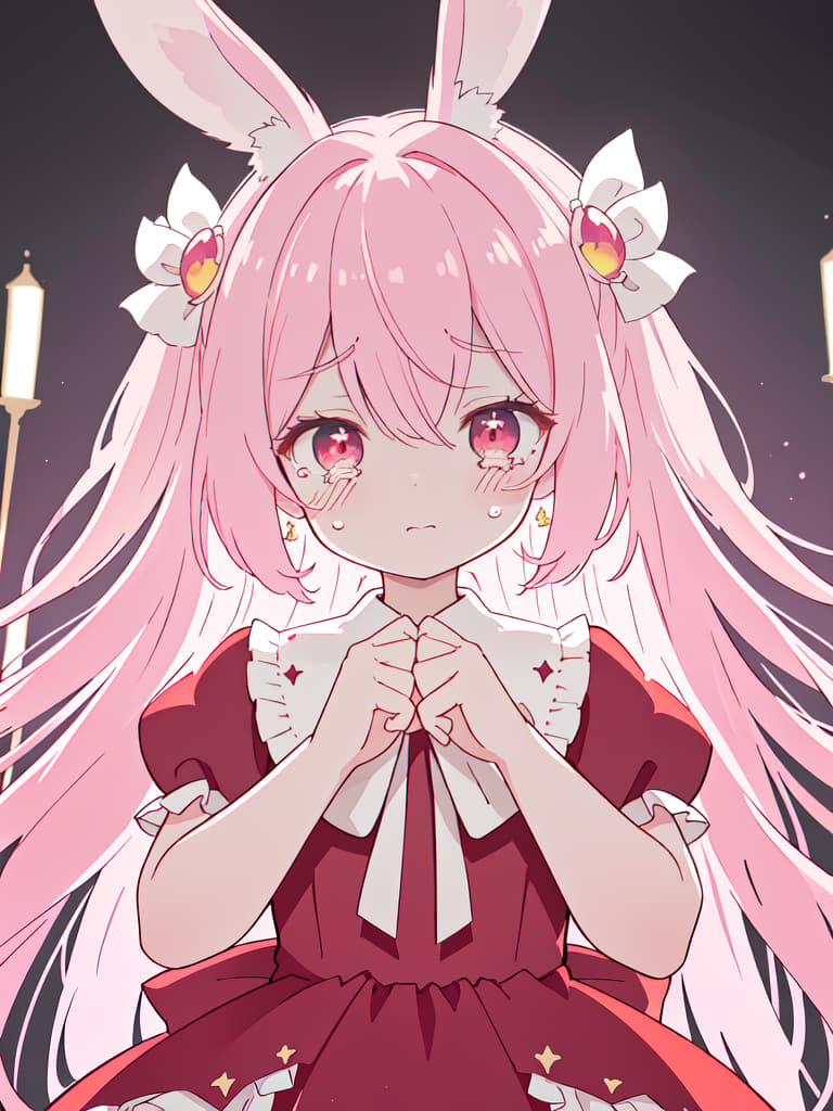  Rabbit ears,pink hair,super long hair,tearful eyes,holding a ribbon hair ornament in hand,ruffled dress,red eyes,cute,crying face,rabbit tail,red dress,ultra detailed,best shadow,cute and beautiful face,(masterpiece:1.2),(best quality:1.2),detailed background,high contrast,(best illumination,an extremely delicate and beautiful),((cinematic light)),hyper detail,dramatic light,intricate details,8k,anime,very aesthetic, masterpiece, best quality,8k,ultra detailed,high resolution,an extremely delicate and beautiful,hyper detail