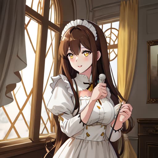  a girl manhua character with brown hair and yelow eyes with white skin wearing maid dress hyperrealistic, full body, detailed clothing, highly detailed, cinematic lighting, stunningly beautiful, intricate, sharp focus, f/1. 8, 85mm, (centered image composition), (professionally color graded), ((bright soft diffused light)), volumetric fog, trending on instagram, trending on tumblr, HDR 4K, 8K