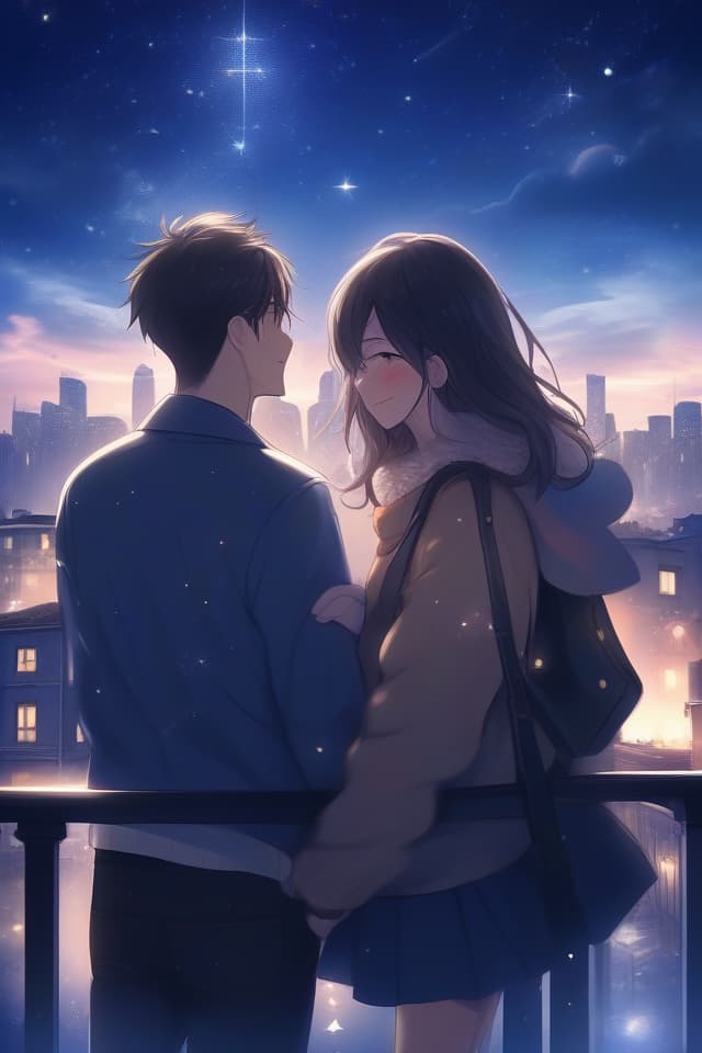  The background is in the city, the sky is a starry sky, two men and women, a smile, hugging,