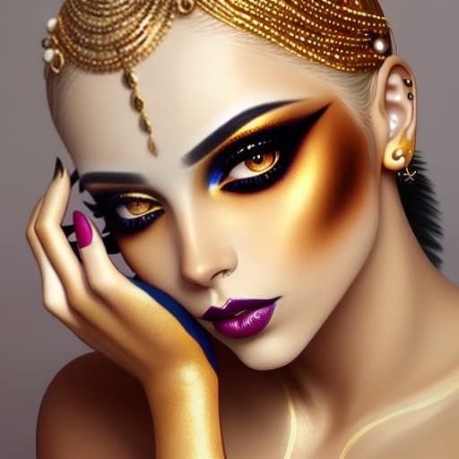  Beauty woman painted white skin color body art gold makeup lips eyelids fingertips nails gold color paint professional gold makeup