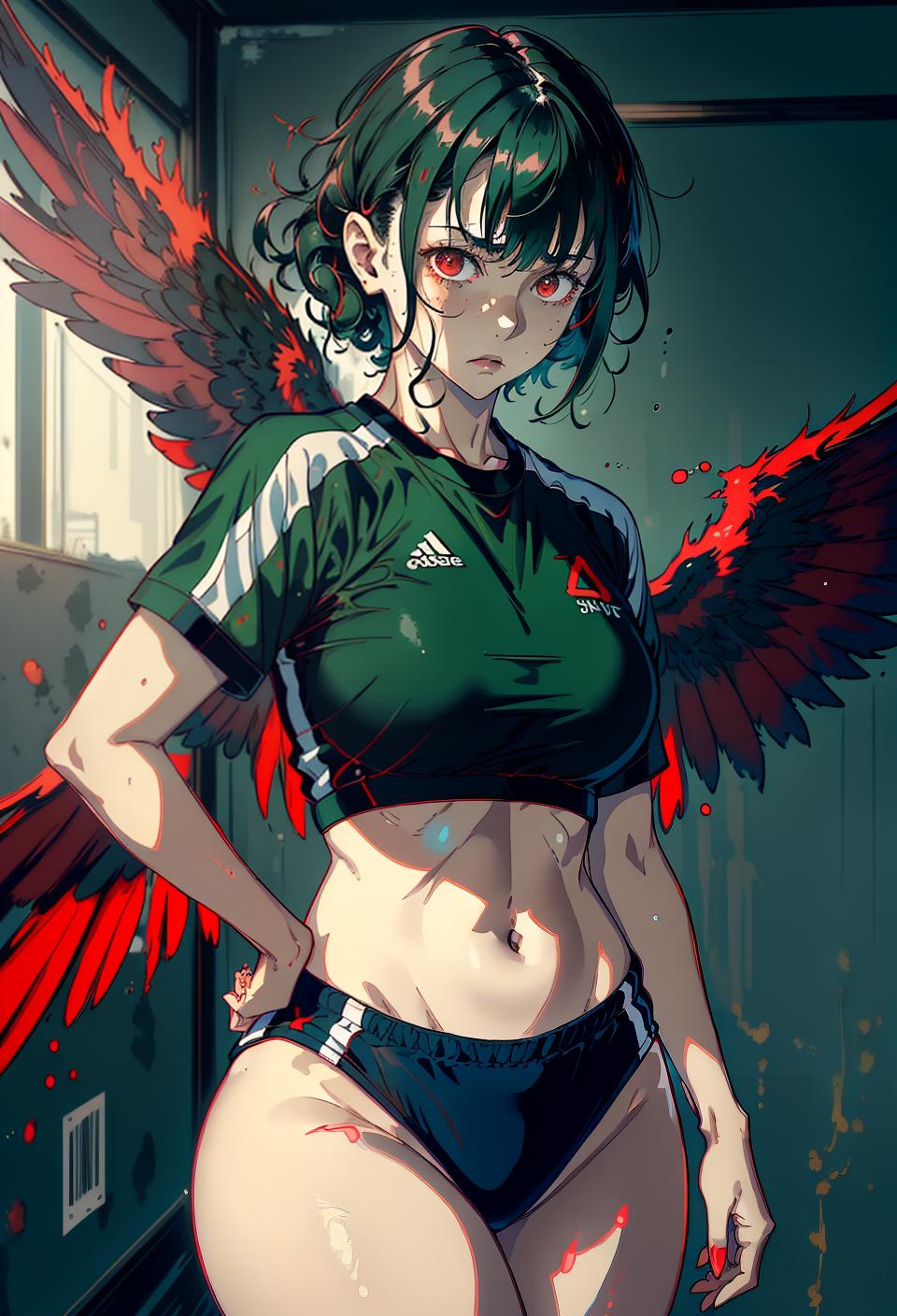  ((trending, highres, masterpiece, cinematic shot)), 1girl, mature, female sportswear, large, abstract background, very short curly dark green hair, blunt bangs, large red eyes, sickly, frail personality, relaxed expression, wings, very pale skin, epic, clever