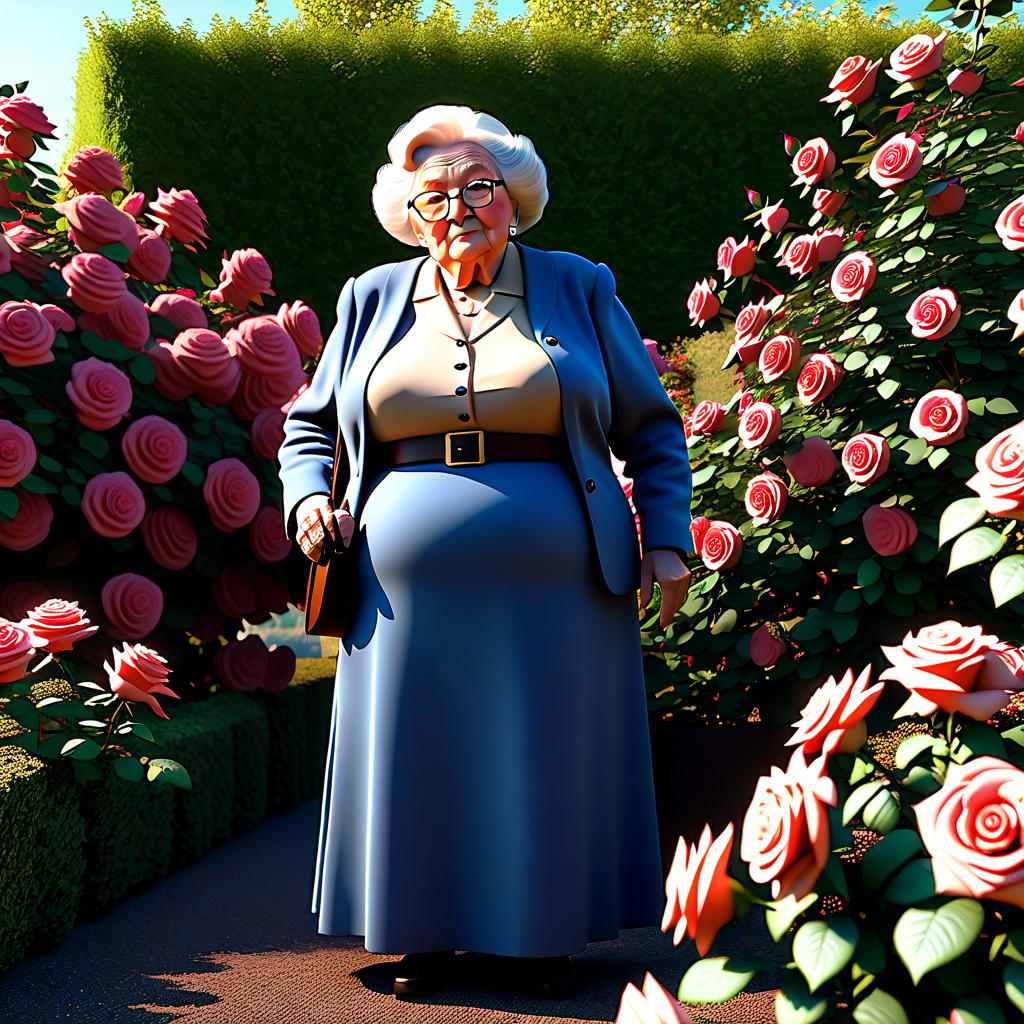  professional 3d model An overweight, very kind old woman with a canon r6 camera is standing in the rose bushes . octane render, highly detailed, volumetric, dramatic lighting hyperrealistic, full body, detailed clothing, highly detailed, cinematic lighting, stunningly beautiful, intricate, sharp focus, f/1. 8, 85mm, (centered image composition), (professionally color graded), ((bright soft diffused light)), volumetric fog, trending on instagram, trending on tumblr, HDR 4K, 8K