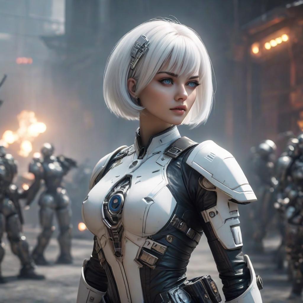  cybernetic style game warhammer 40000, Maidens of battle, girl, short hair, white hair . futuristic, technological, cybernetic enhancements, robotics, artificial intelligence themes hyperrealistic, full body, detailed clothing, highly detailed, cinematic lighting, stunningly beautiful, intricate, sharp focus, f/1. 8, 85mm, (centered image composition), (professionally color graded), ((bright soft diffused light)), volumetric fog, trending on instagram, trending on tumblr, HDR 4K, 8K