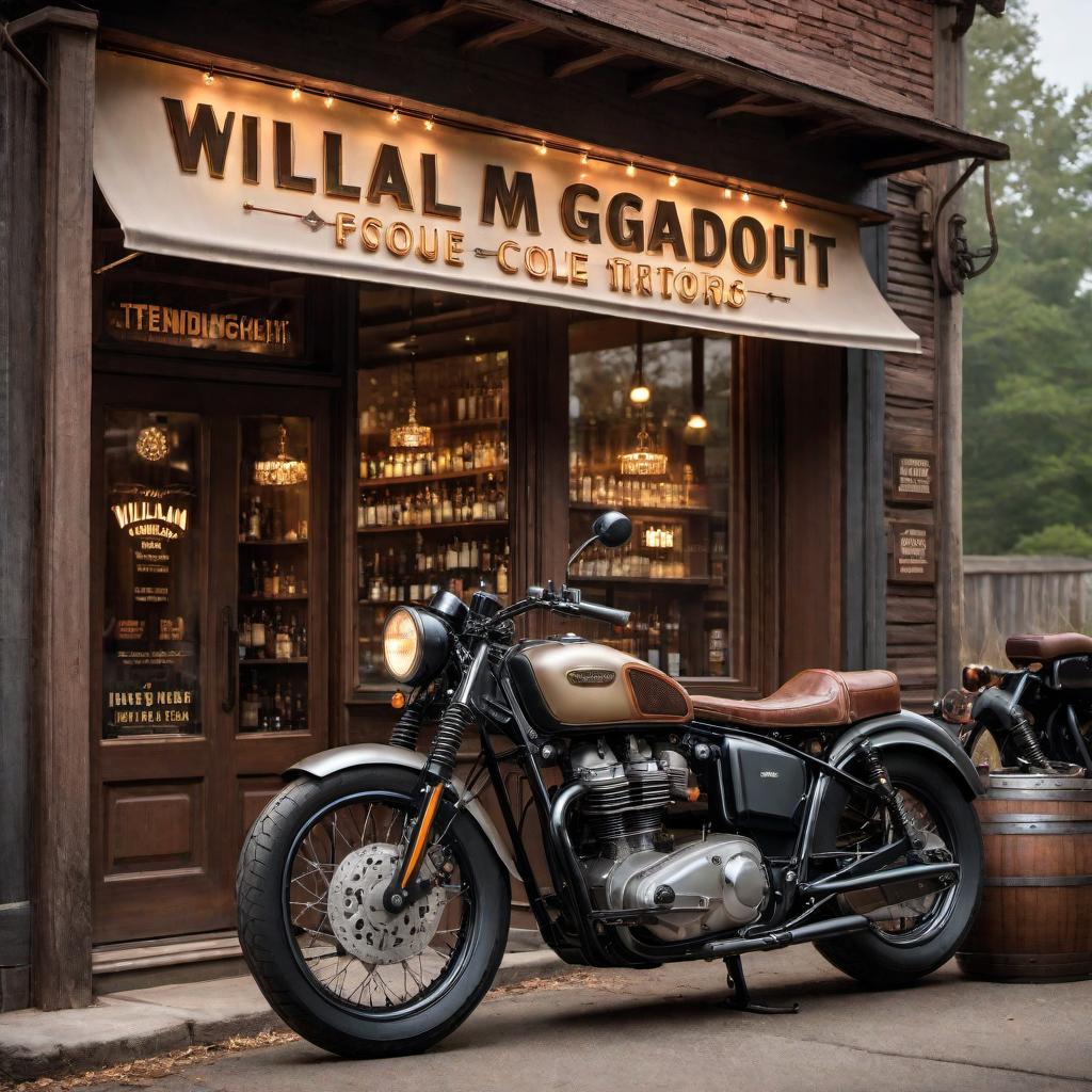  Create an image of a business store with 'William T Gutknecht' on the front of the building. Surround the store with motorcycles parked outside and whiskey displayed in the windows. Capture the essence of a vintage, rugged, and atmospheric setting. hyperrealistic, full body, detailed clothing, highly detailed, cinematic lighting, stunningly beautiful, intricate, sharp focus, f/1. 8, 85mm, (centered image composition), (professionally color graded), ((bright soft diffused light)), volumetric fog, trending on instagram, trending on tumblr, HDR 4K, 8K