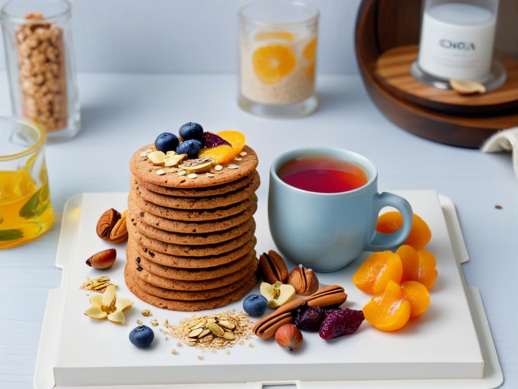  An ultradetailed 8k image of a beautifully arranged plate of gourmet oatmeal cookies surrounded by assorted nuts and dried fruits, with a steaming cup of artisanal tea on a sleek, modern table. The cookies are perfectly goldenbrown with a sprinkle of rolled oats on top, exuding a warm, inviting aroma. The nuts and fruits are artfully placed, adding pops of color and texture to the scene. The minimalistic style highlights the elegance and sophistication of this healthy gourmet snack option. hyperrealistic, full body, detailed clothing, highly detailed, cinematic lighting, stunningly beautiful, intricate, sharp focus, f/1. 8, 85mm, (centered image composition), (professionally color graded), ((bright soft diffused light)), volumetric fog, trending on instagram, trending on tumblr, HDR 4K, 8K