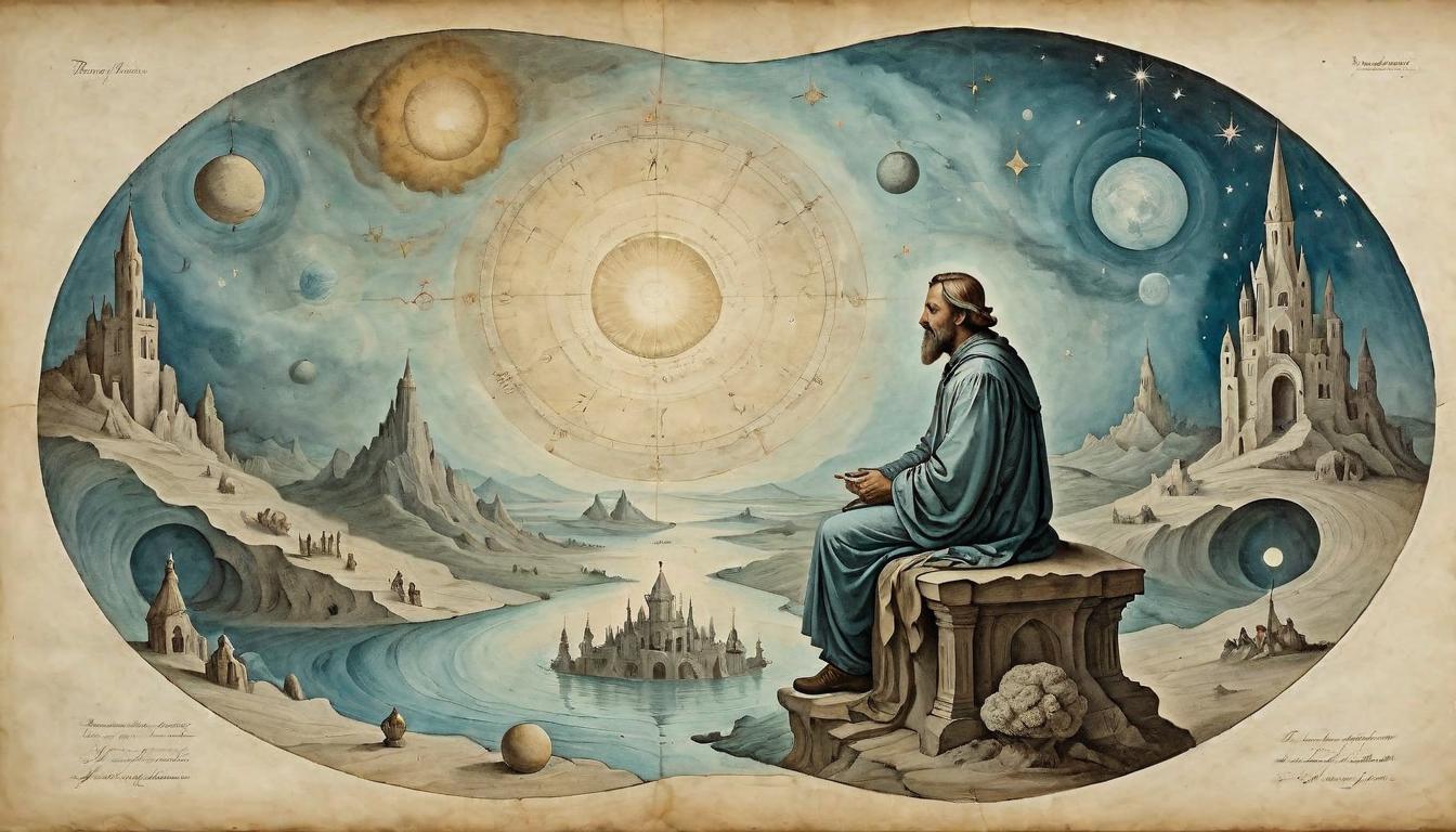  on parchment, surrealism+++, A contemplative figure amidst a celestial backdrop, each decision causing ripples in time, wise, impactful, transcendent(mysterious, provocative, symbolic,muted color)+++