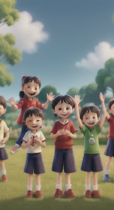  {A heartwarming scene of all the children waving goodbye with happy expressions., Children waving with wide smiles, looking grateful and content.