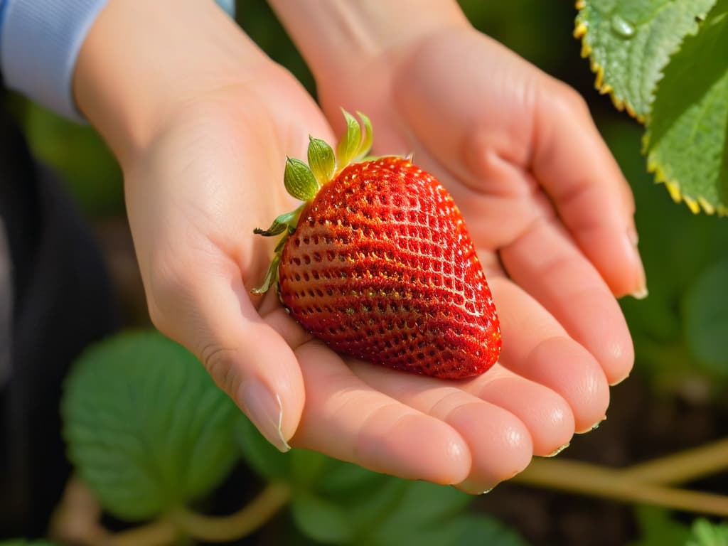  An ultradetailed closeup image of a pair of hands gently holding a ripe, vibrant red strawberry, showcasing every tiny seed and water droplet on its surface, set against a soft, blurred background of a sunlit organic strawberry field. hyperrealistic, full body, detailed clothing, highly detailed, cinematic lighting, stunningly beautiful, intricate, sharp focus, f/1. 8, 85mm, (centered image composition), (professionally color graded), ((bright soft diffused light)), volumetric fog, trending on instagram, trending on tumblr, HDR 4K, 8K