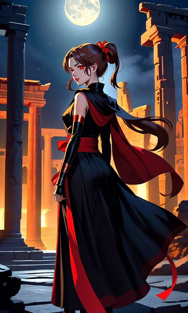  A Sith stands among ancient ruins on a moonlit night. The entire frame is filled with her body, hair, twin ponytails tied with red ribbons on the sides, yellow eyes, delicate features, libidinous expression on her face, grotesque smile, slender physique, large s, bright red lipstick on her lips, black sleeveless robe, black high heels, right hand holds the hilt of an activated red light sword, left hand is pressed against her left , many purple lightning bolts surround, high detail, high resolution, drawing style like anime of the 90s. ]]> hyperrealistic, full body, detailed clothing, highly detailed, cinematic lighting, stunningly beautiful, intricate, sharp focus, f/1. 8, 85mm, (centered image composition), (professionally color graded), ((bright soft diffused light)), volumetric fog, trending on instagram, trending on tumblr, HDR 4K, 8K