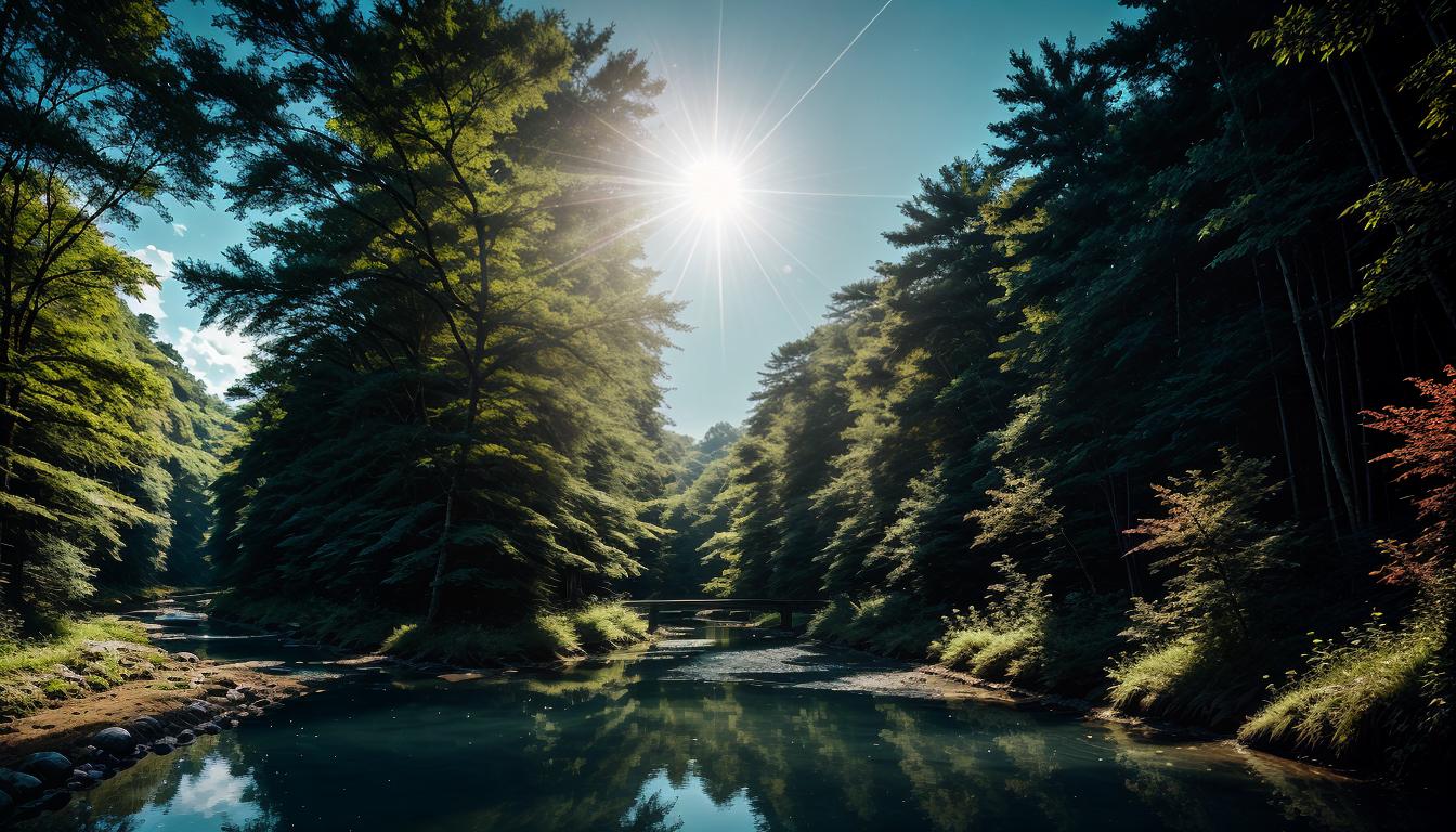  Retro anime aesthetics, retro futuristic Image needed, metaphorical scene, a winding river flowing through a dense forest, gentle sunlight filtering through the trees, river reflects the light, journey, tranquility, natural flow, 4k, HDR, lens flare