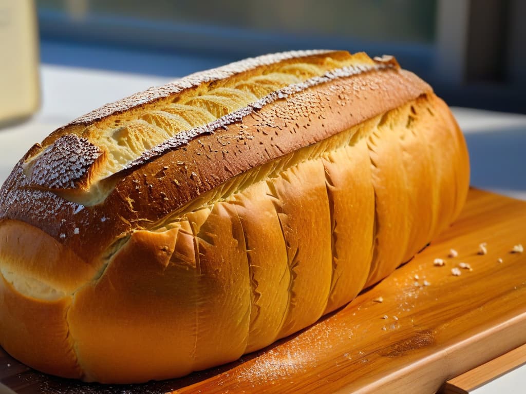  An ultradetailed closeup image of a perfectly golden and crusty French baguette, dusted with a light sprinkle of flour, sitting on a rustic wooden cutting board. The texture of the bread's crust should be highly defined, showcasing the intricate patterns formed during baking. Sunlight streaming in from a nearby window creates soft shadows, highlighting the bread's irregular shape and artisanal appeal. The simplicity of the scene emphasizes the beauty of this classic bakery staple, inviting viewers to appreciate the artistry behind traditional breadmaking. hyperrealistic, full body, detailed clothing, highly detailed, cinematic lighting, stunningly beautiful, intricate, sharp focus, f/1. 8, 85mm, (centered image composition), (professionally color graded), ((bright soft diffused light)), volumetric fog, trending on instagram, trending on tumblr, HDR 4K, 8K