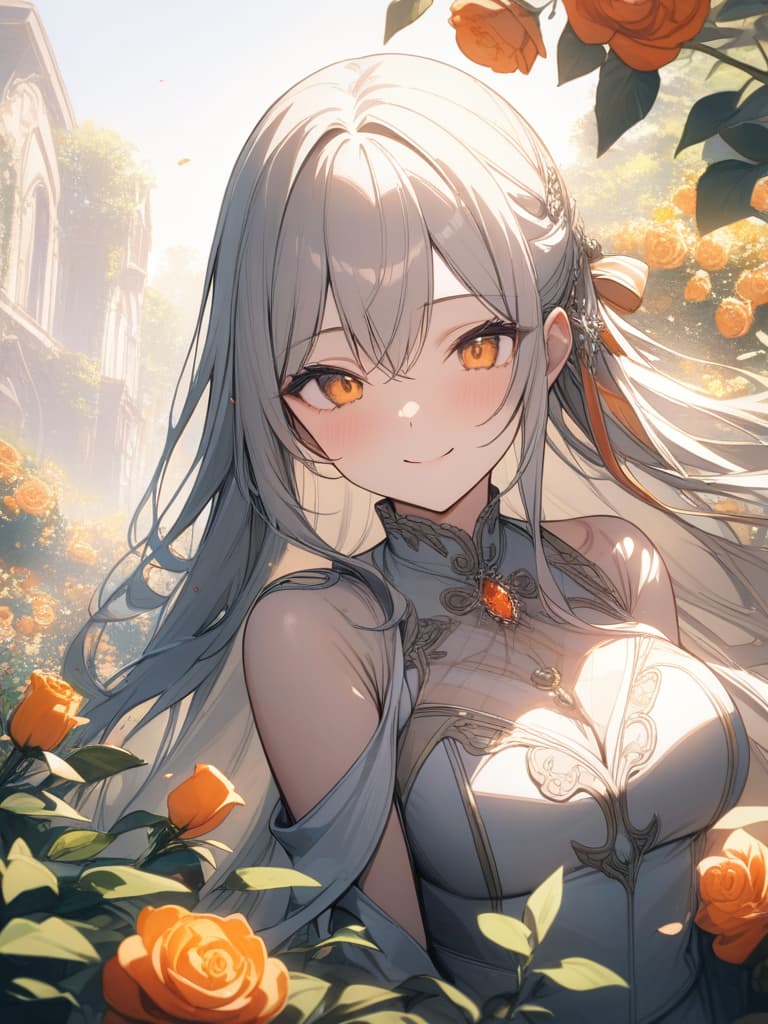  Jewel, fleeting, girls, 1, princess, orange variety, smiling, long hair, orange roses in large quantities, masterpiece, best quality,8k,ultra detailed,high resolution,an extremely delicate and beautiful,hyper detail