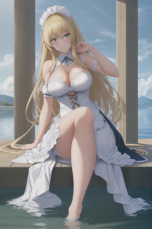  (score 9,score 8 up,score 7 up,),1girl,solo,maid,maid headdress,looking at viewer,outdoor,lake,apron,blonde hair,indoors,green eyes,bare foot,two feet in the water hyperrealistic, full body, detailed clothing, highly detailed, cinematic lighting, stunningly beautiful, intricate, sharp focus, f/1. 8, 85mm, (centered image composition), (professionally color graded), ((bright soft diffused light)), volumetric fog, trending on instagram, trending on tumblr, HDR 4K, 8K