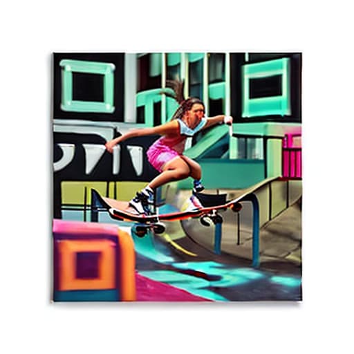  A high resolution digital painting of a female skateboarder performing a kickflip, vibrant colors, dynamic motion, urban background, cinematic lighting, inspired by street art, style Digital painting, advanced detail processing